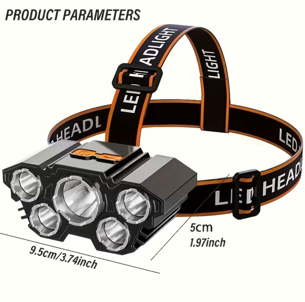 Lanternă Frontală LED Reîncărcabilă – 5 LED-uri, Încărcare USB, 3 Moduri de Iluminare