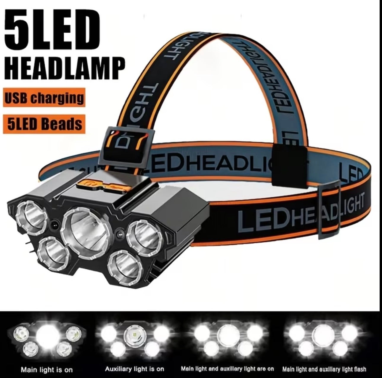 Lanternă Frontală LED Reîncărcabilă – 5 LED-uri, Încărcare USB, 3 Moduri de Iluminare