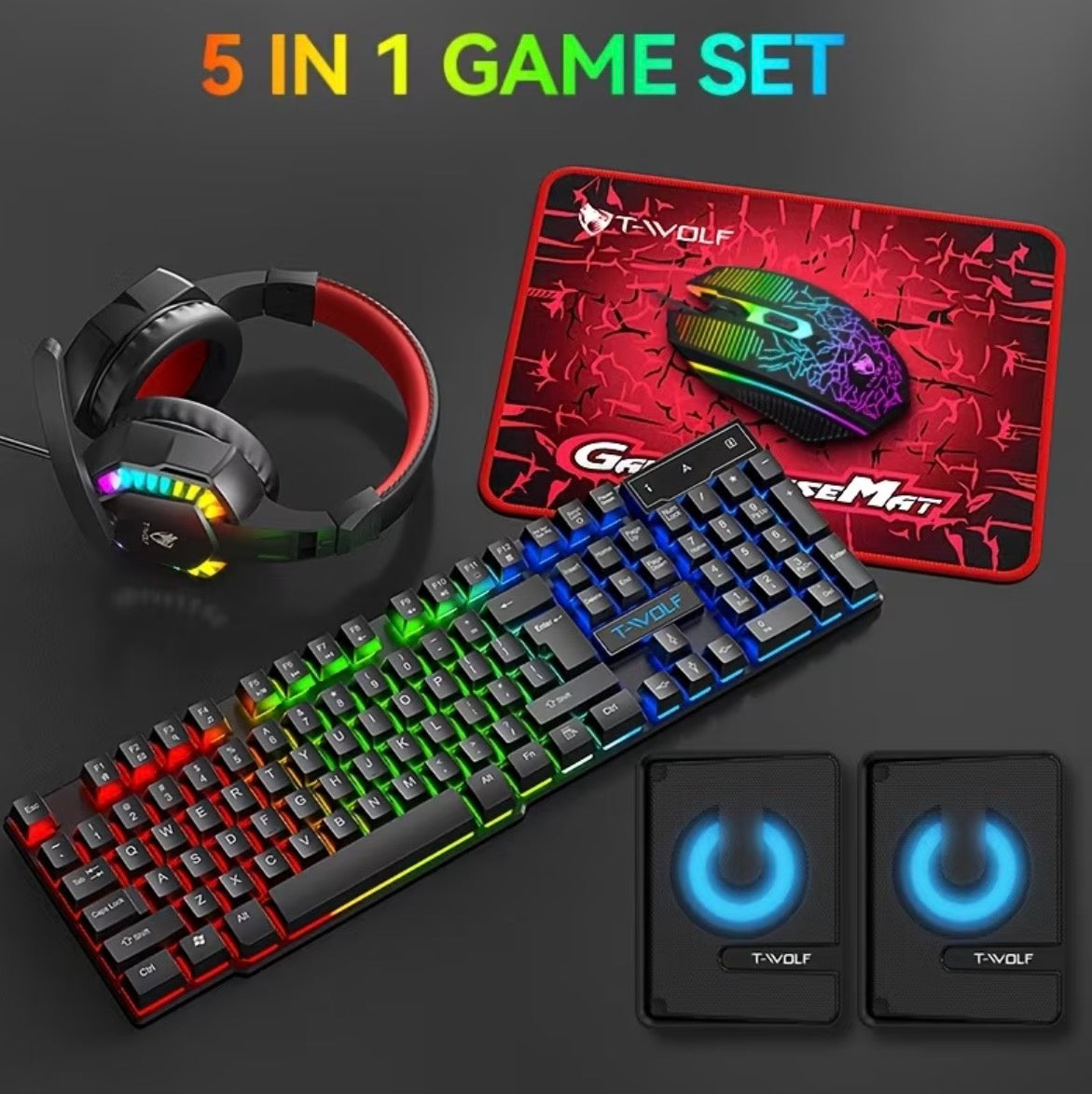 Set Gaming 5-în-1: Tastatură, Mouse, Căști, Boxe și Mousepad – Stație de Joc Completă pentru PC și Laptop
