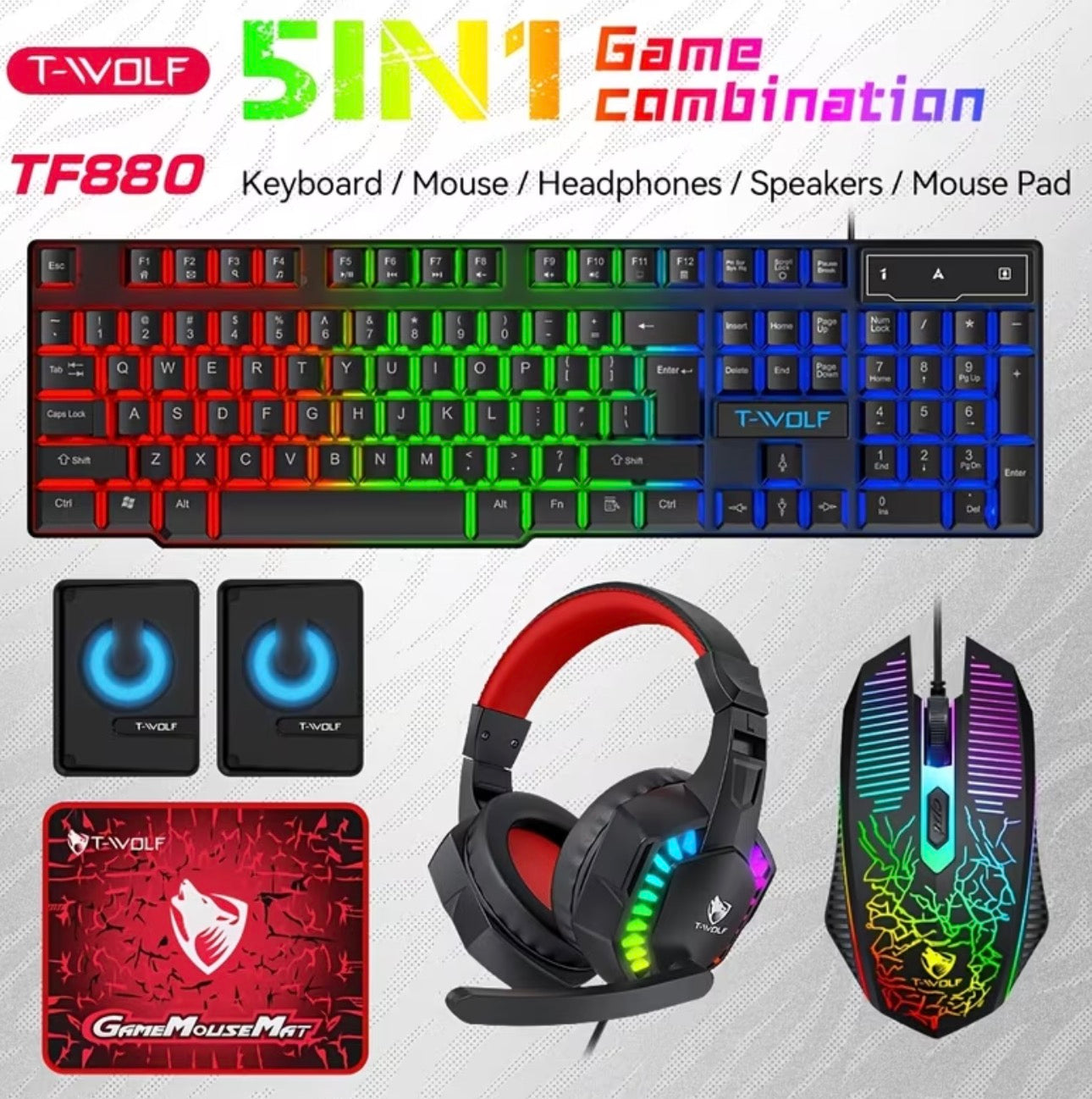 Set Gaming 5-în-1: Tastatură, Mouse, Căști, Boxe și Mousepad – Stație de Joc Completă pentru PC și Laptop