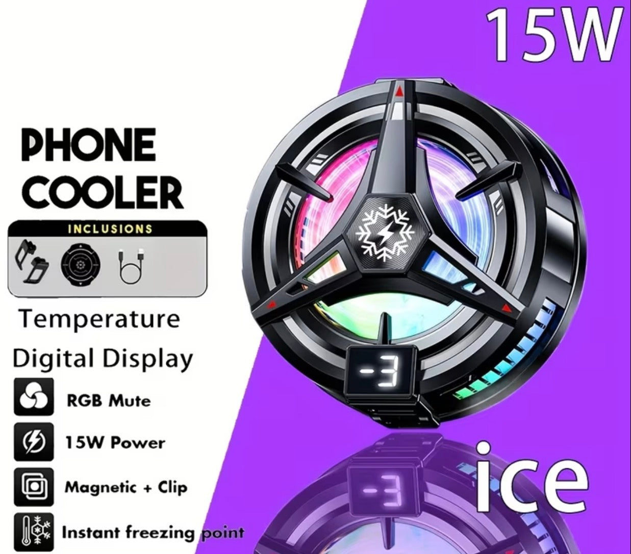 Răcitor Semiconductor RGB pentru Telefon 15W – Cooling Gaming cu Afișaj Digital