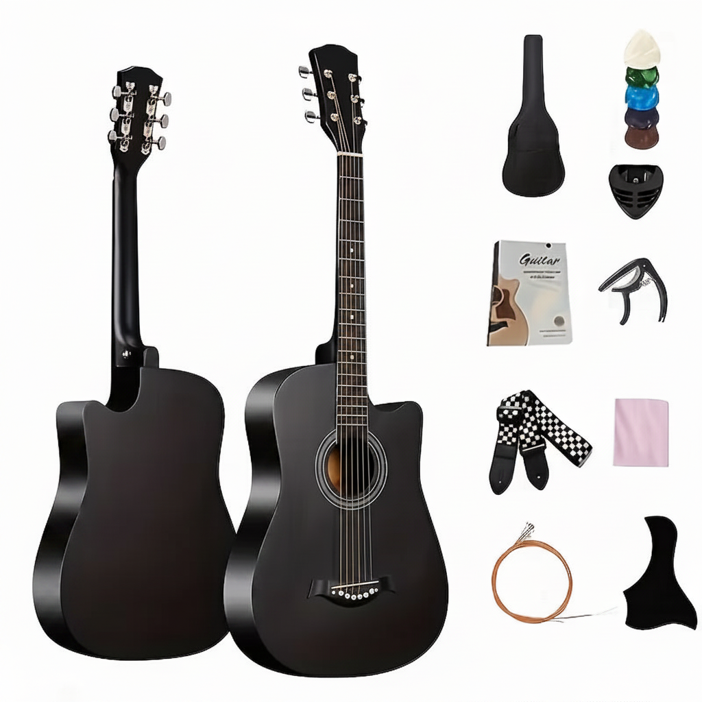 Chitară acustică neagră față spate cu accesorii